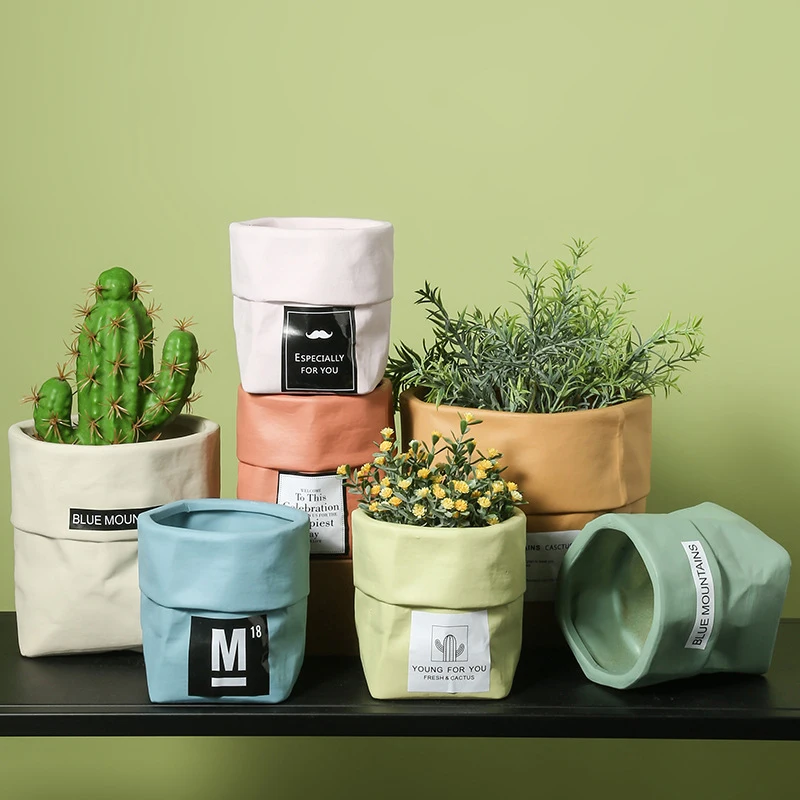 Nordic Ins Kraft Paper Bag Ceramic Succulent Flowerpot With DIY Sticker Fashion Green Plant Art Potted Home Gardening