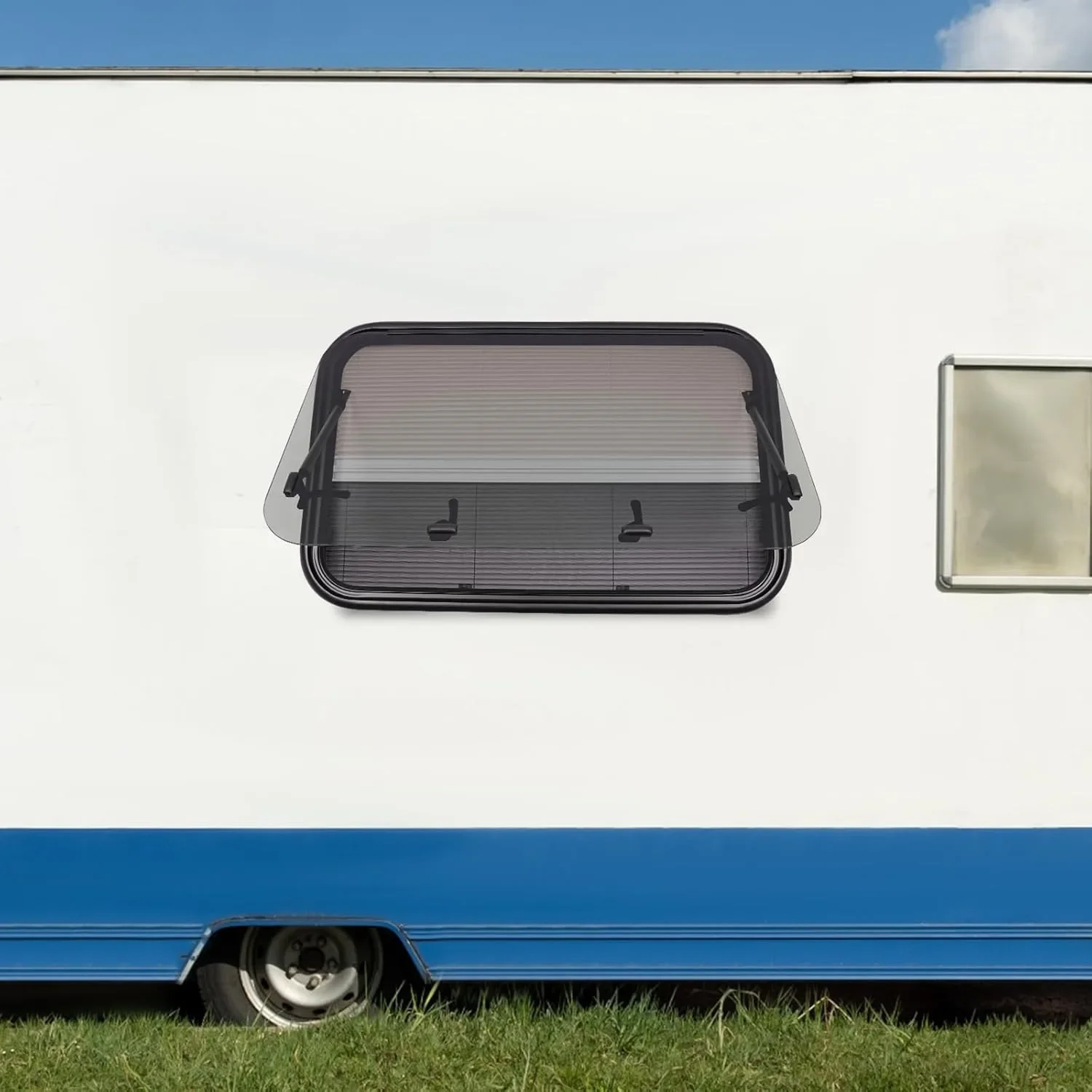 Eapmic RV Caravan Motorhome أعلى نافذة مفصلية دفع خارجي (450 * 500 مم / 17.72 * 19.69 بوصة) - أكريليك رمادي ملون - أمامي وداخل