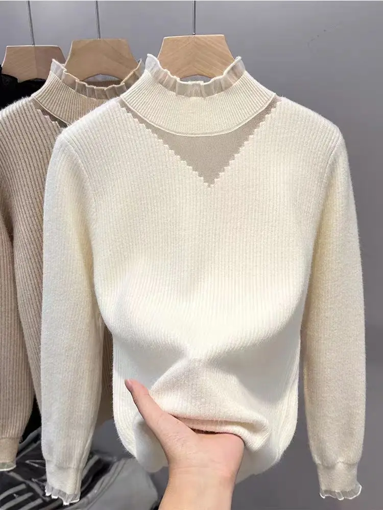 

Women's Thiened f-High Collar One-Piece Fce Knitted Base irt Autumn Winter Faion Slim Fit Inner Lace Top