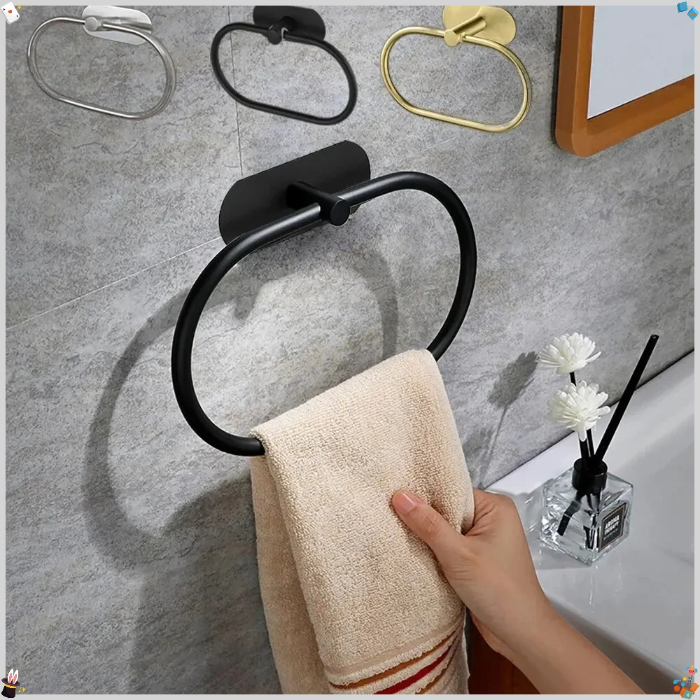 

Stainless Steel Towel Holder Self-adhesive Bathroom Towels Rack Black Washhand Hanger Ring Rail Bar Kitchen Storage Accessories