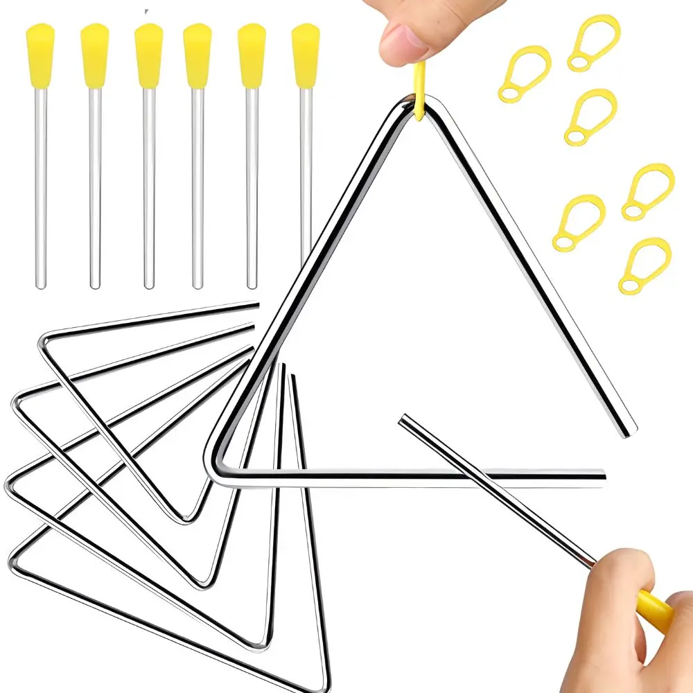 5/6/7/8inch Orff Triangle Percussion Instrument, Metal Musical with Yellow Handle Beater for Rhythm Training YMY
