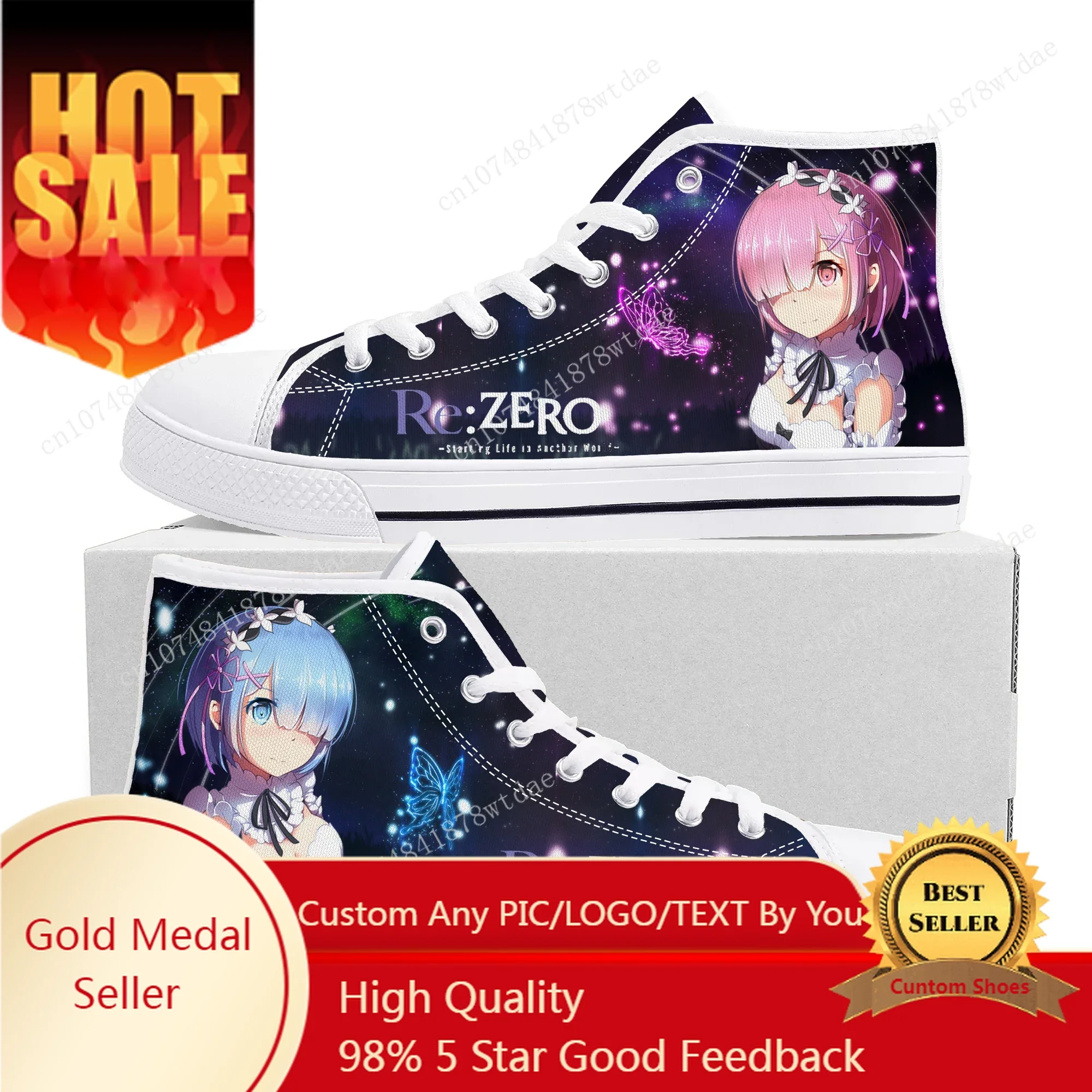 Rem Ram High Top Sneakers Mens Womens Teenager  Re:Zero High Quality Canvas Sneaker Cartoon Comics Manga Couple Customized Shoes