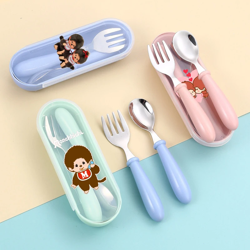 

Monchhichi Spoon Forks Box 3pcs Set Stainless Steel Cutlery with Storage Case Portable Feeding Utensils Spoons Baby Tableware