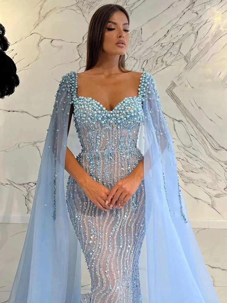 Fairytale Arabic Luxury Beaded Mermaid Prom Dress Cape Sleeves Dubai Blue Evening Dresses Lace Beaded Long Prom Gowns