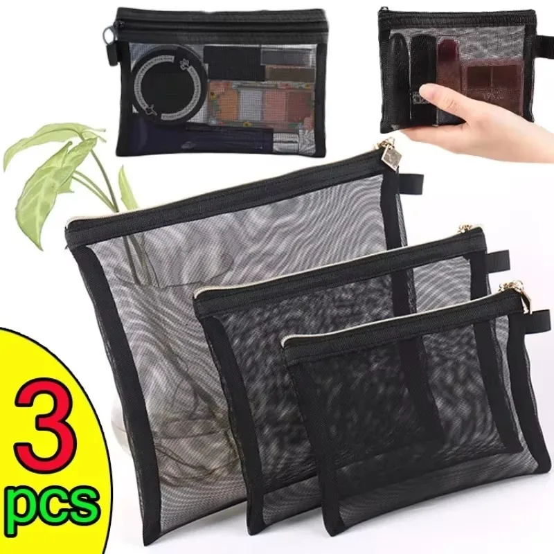 Sacs de maquillage en maille transparente noire, sac de rangement cosmétique, sac de lavage de transport, grande capacité, extérieur, jouets, cadeaux, S, M, L, 3 pièces