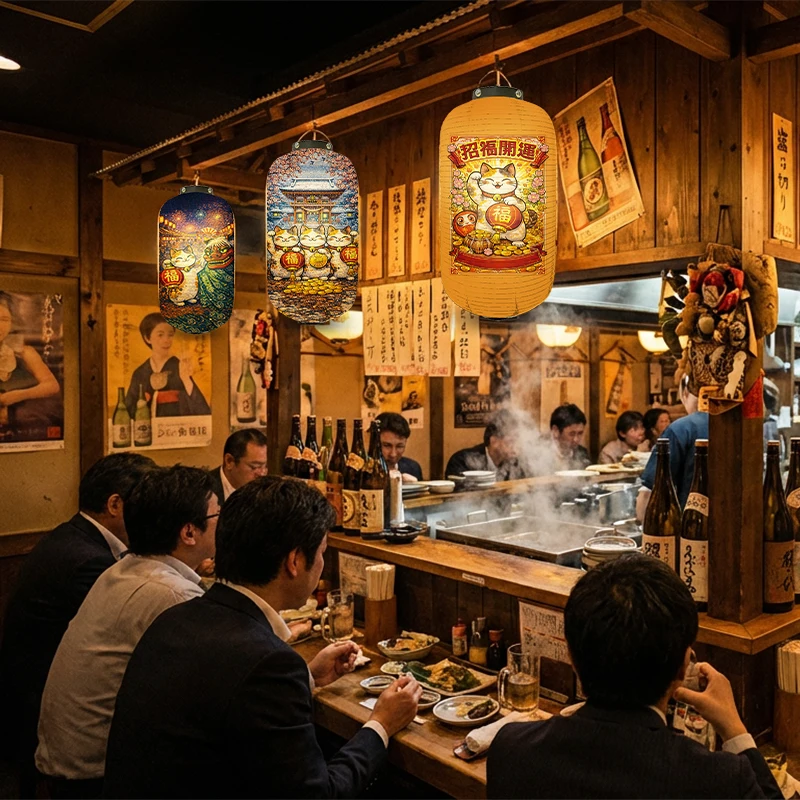 

Retro Japanese Hanging Cloth Lantern Ukiyo-e Style Lucky Cat Pattern Lantern Sushi Restaurant Izakaya Pub New Year Decoration