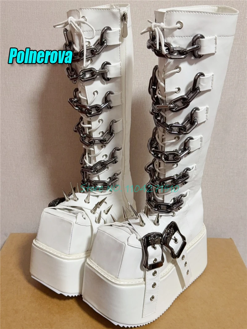 Gothic Style Square Toe Thick Soled Knight Boots Metal Chain Rivet Buckle Straps Zipper Platform Long Boots Cosplay Women Shoes