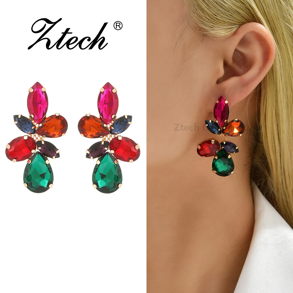 Bohemian Colorful Crystal Glass Dangle Drop Earrings For Women Trendy Charm Prom Party Luxury Pendant Vintage Statement Jewelry