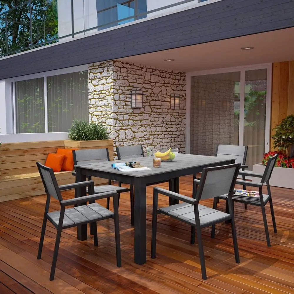 

7-Piece Outdoor Dining Set with Table and Chairs in Brown Gray