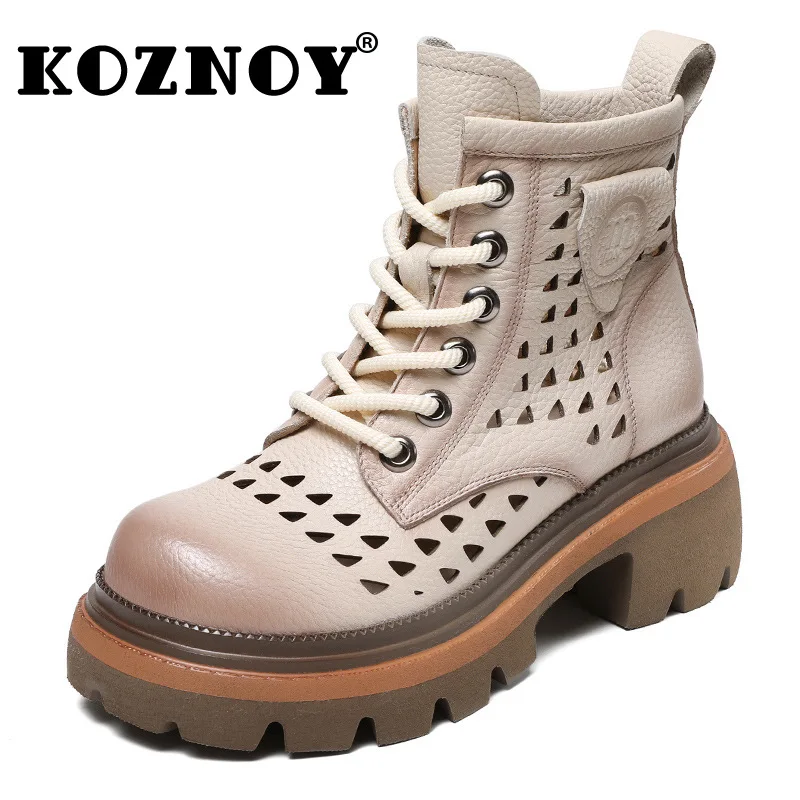 

Koznoy 6,5 см, модные ботильоны из коровьей кожи, сандалии на танкетке с круглым носком, летняя обувь на платформе, дышащая женская обувь на молнии