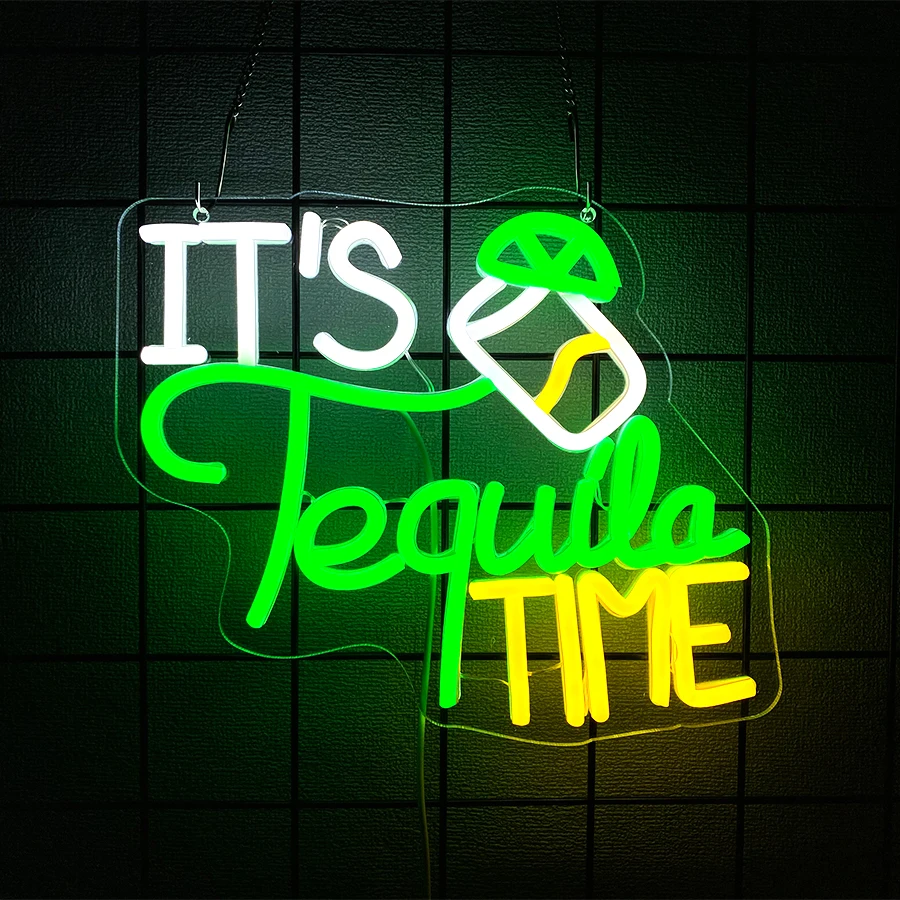 It'S Tequila Time Led Neon Sign, Man Cave Wall Decor In Family Bar, Signboard Of Mexican Restaurant Club Party Shop, Usb Powered