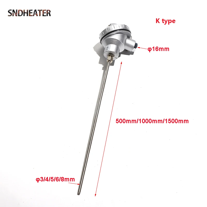 SNDHEATER K Type WRNK-131 Thermocouple Temperature Sensor 500/1000/1500MM 304SS Waterproof Silver Housing Lid Anti Corrosion