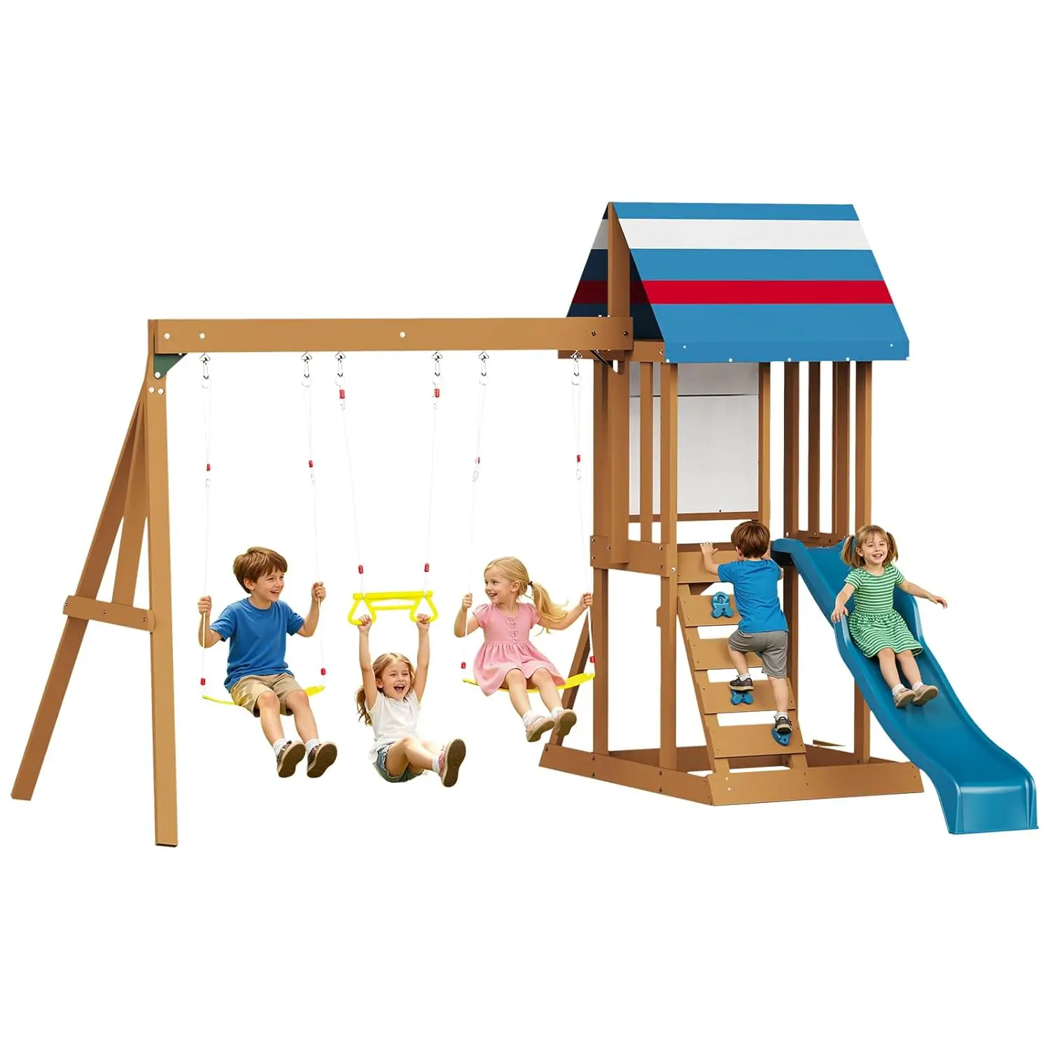 

Wooden Swing Set for Kids, Outdoor 6-in-1 Wood Playset with Tower Playhouse, Wave Slide, Swings, Climbing Wall &, Customized