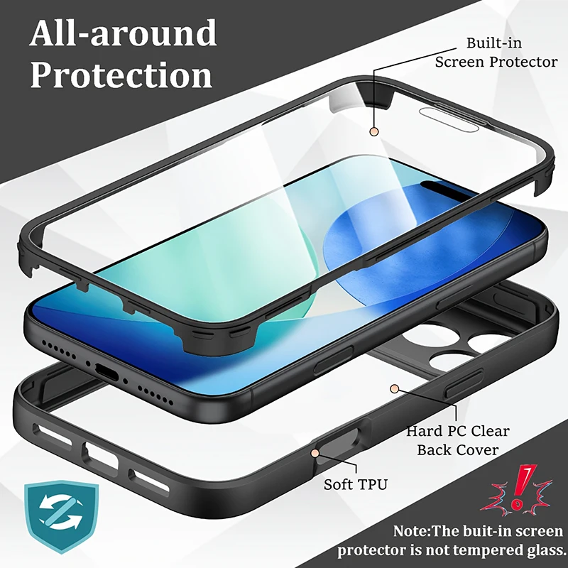 360-Ganzkörper-Displayschutz-Telefonhülle für iPhone 17 17 Air 16 15 14 13 12 11 Pro Max XS XR 7 8 Plus SE 2 3 PC Hard Cover – Detail 2