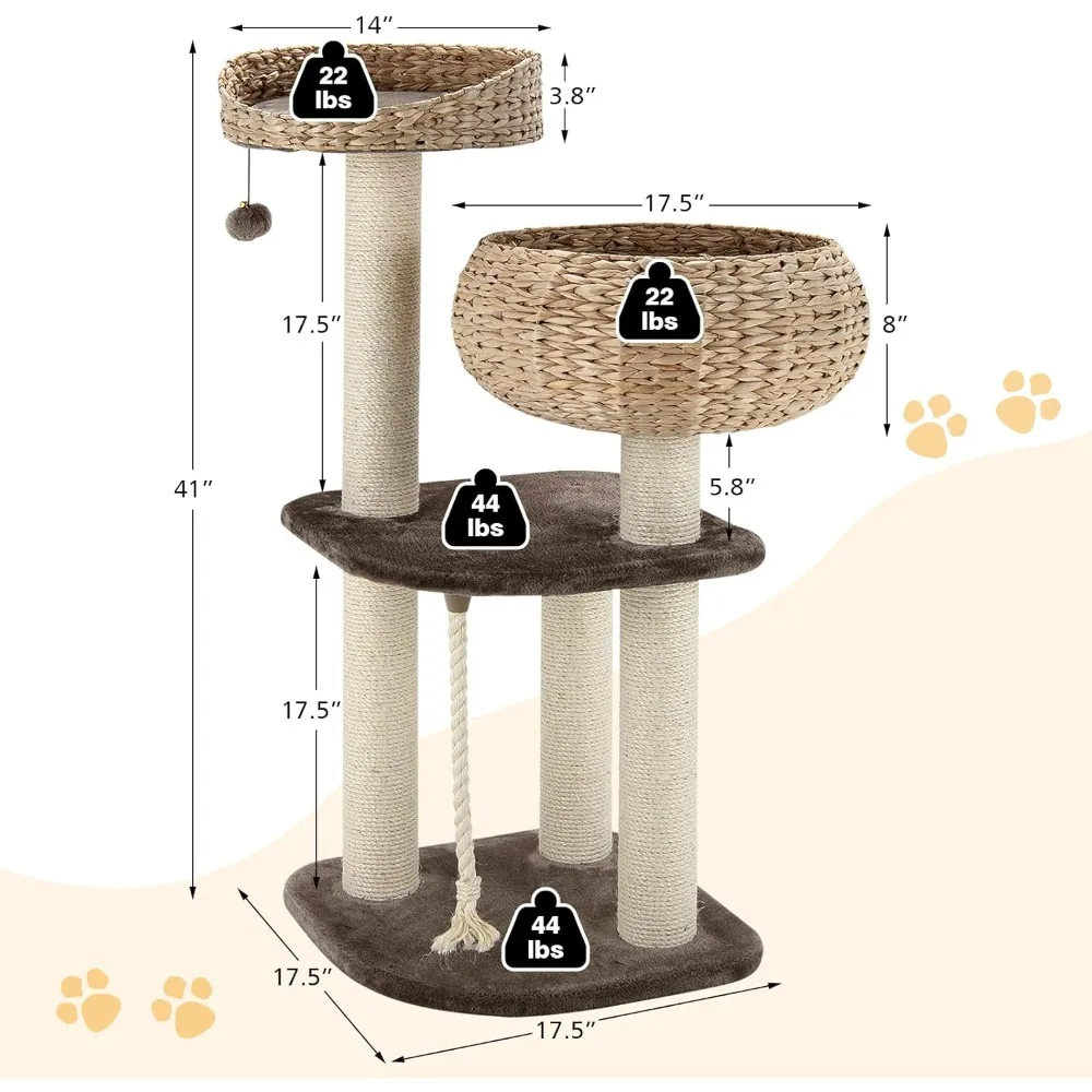 Tangkula Moderno Albero per Gatti da Interno, Torre per Gatti Piccola/Alta con Tiragraffi in Sisal Naturale, Condo per Gatti in Vimini Fatto a Mano e