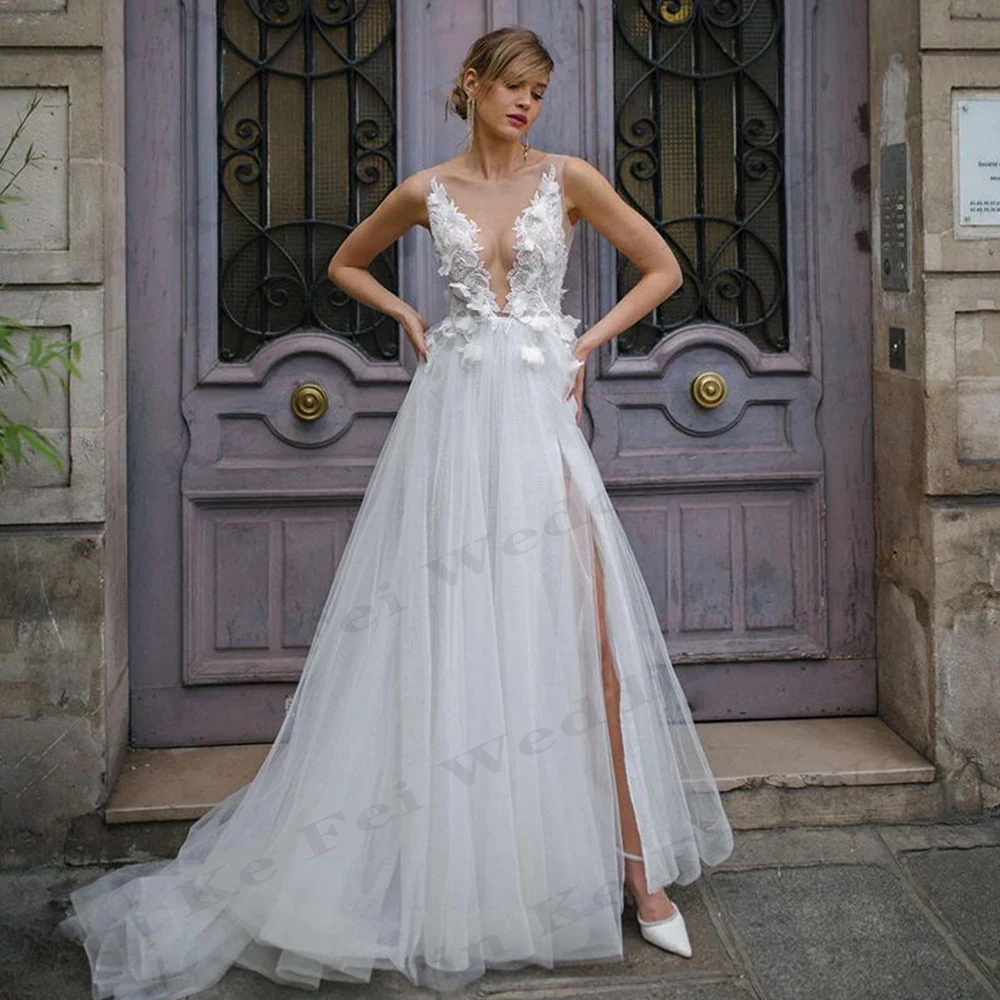 

Simple A-Line Wedding Dresses Boho V-Neck Appliques Backless Bridal Dress Formal Princess Prom Gowns Custom Size Vestido Robes