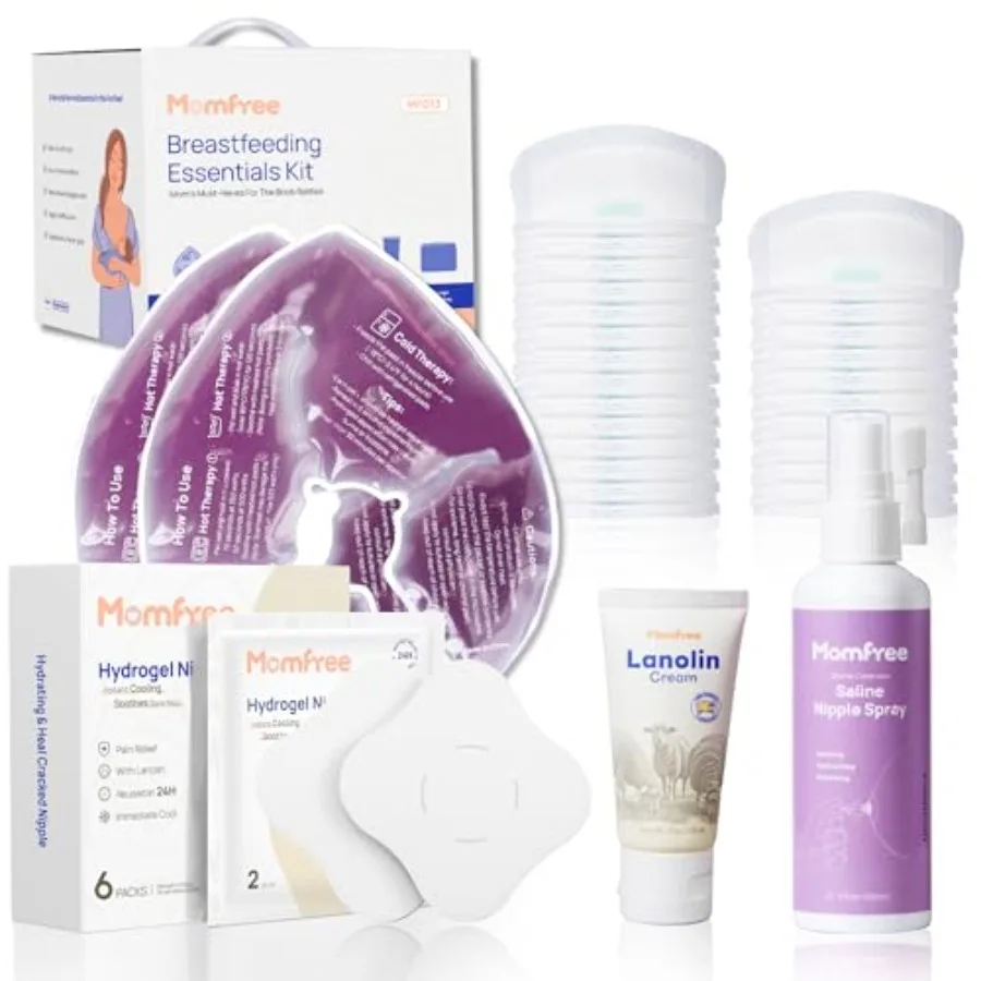 Breastfeeding Essentials Kit for Nursing Moms Nipple Relief, 60 Piece Gift Set with Reusable Hot and Cold Breast Therapy Packs/