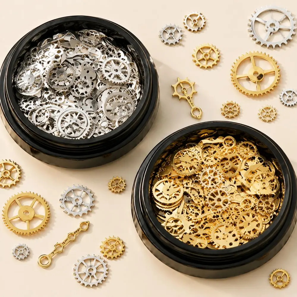 120Pcs Steampunk Screw Nail Charms Gold Silver Gears Cogs Clock Watch Hands Vintage Metal Rivet 3D Nail Studs Manicure Decor