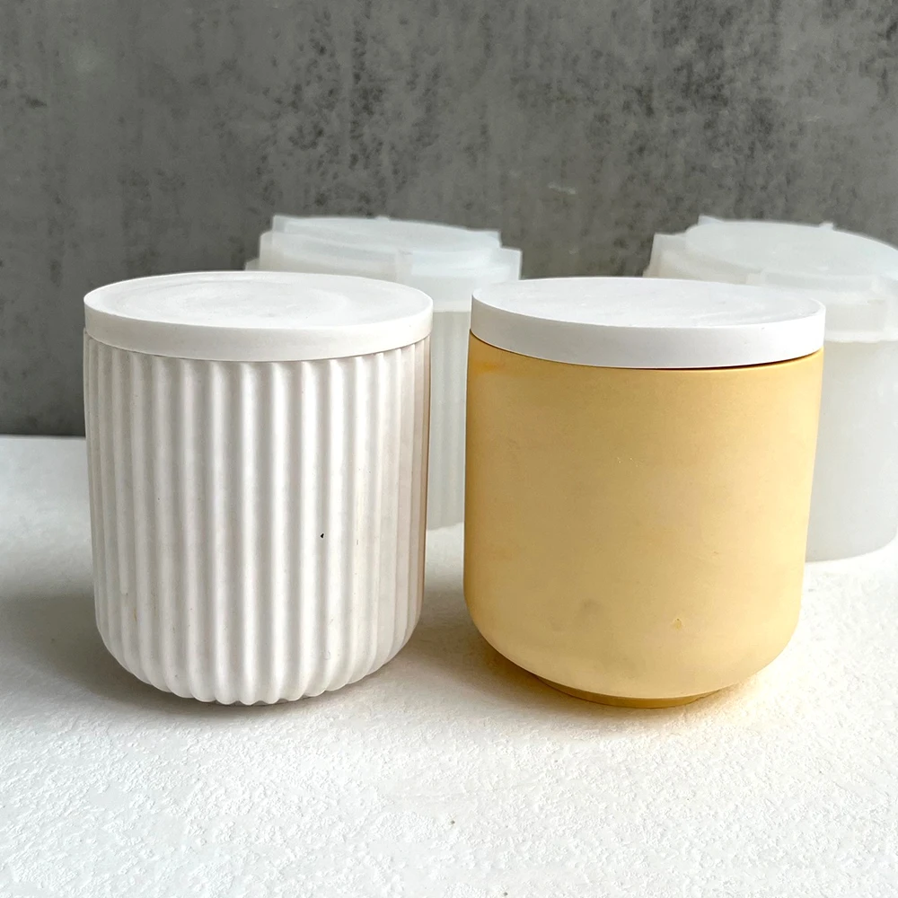 Round Stripe with Cover Bottle Silicone Molds DIY Cement Plaster Storage Jar Pottery Mould Concrete Art Making Supplies Decor