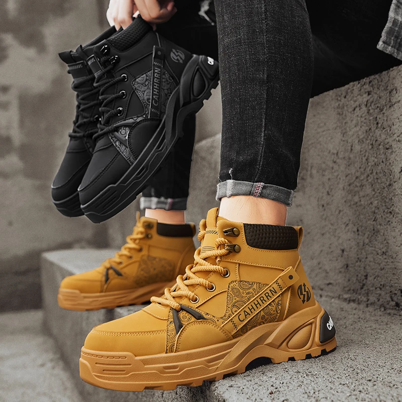 Мотоциклетные ботинки в британском стиле, мужские уличные желтые мужские байкерские ботинки, повседневные ботильоны на платформе, мужские botas para hombre