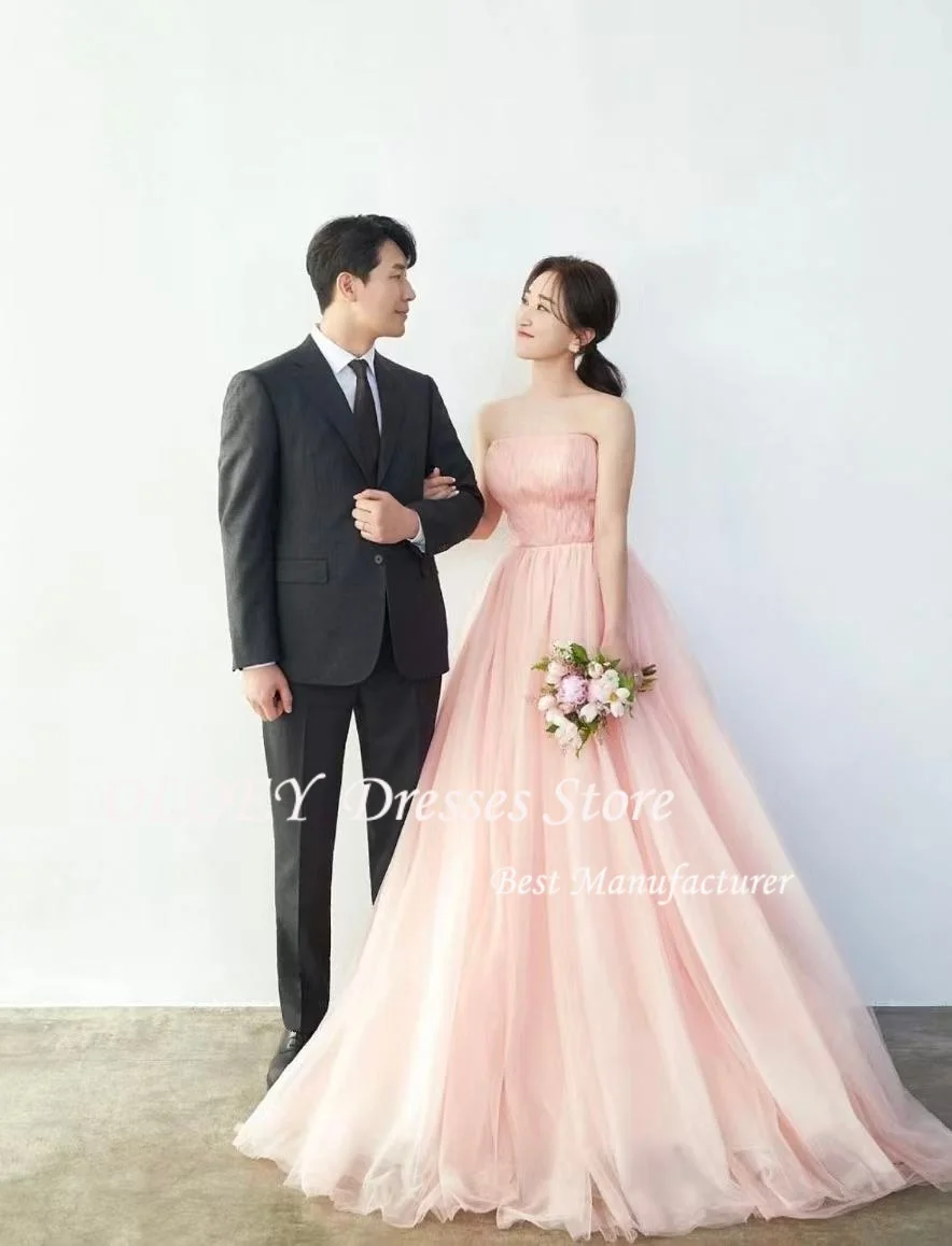 OLOEY Pink Princess Korea Prom Dress Customised A-line Strapless Evening Gowns Wedding Photoshoot 웨딩드레스