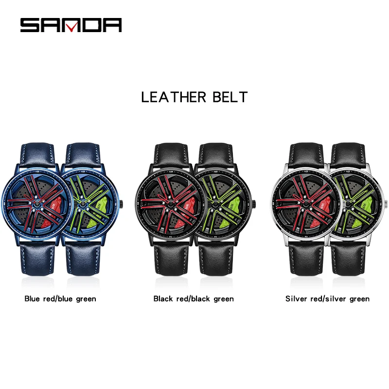 SANDA P1090 Sports Car Men Watch 2023 New Leather Waterproof Rim Hub Wheel Quartz Wristwatches Men\'s Watches Relogio Masculino