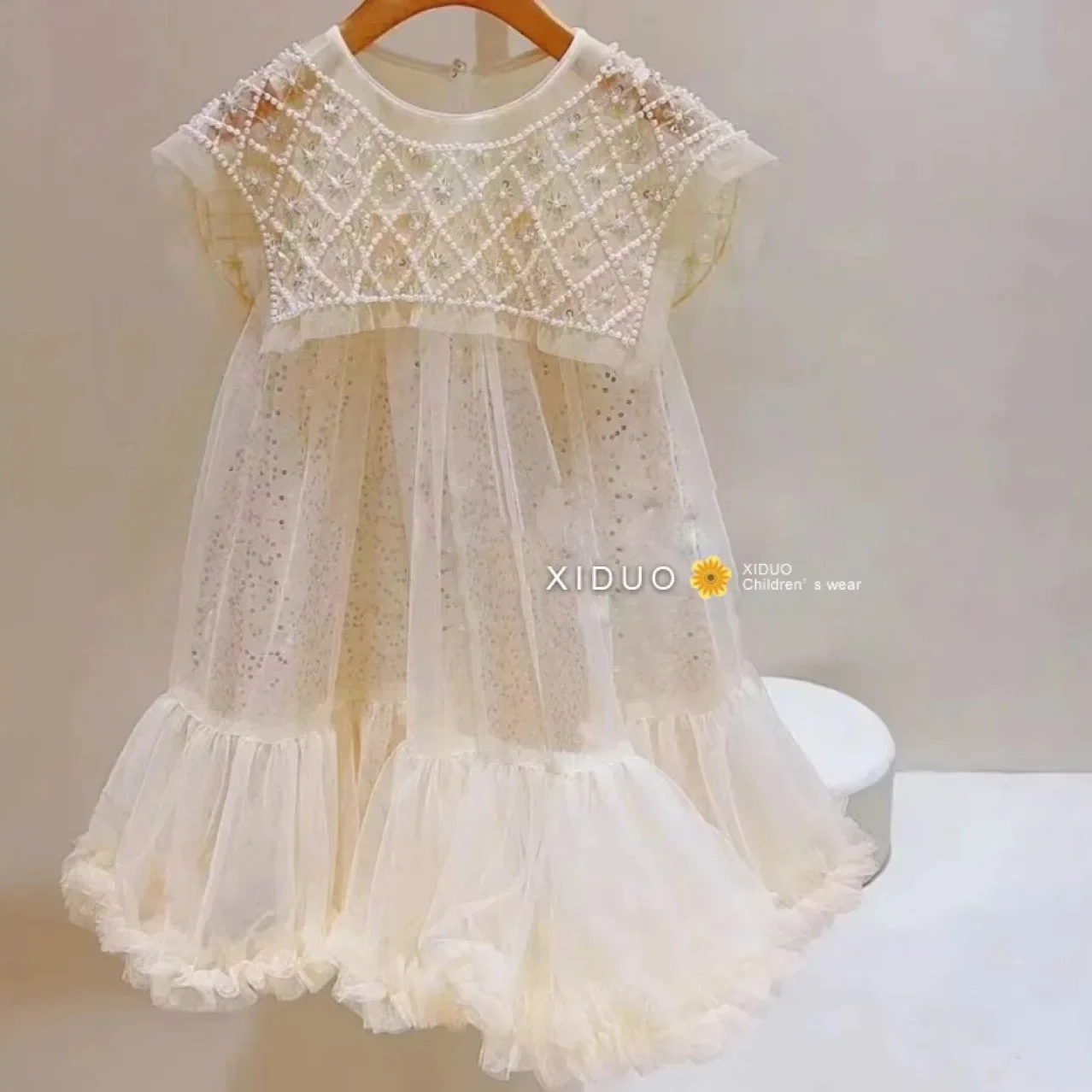 Girls' Princess Dress 2023 Spring Summer Children's Wear Korean  Pearl Neck Princess Dress Fashion Yarn Dress