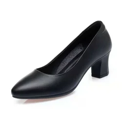 Women Cute Sweet Round Toe Black Pu Leather Spring Slip on Square Heel Shoes Zapatos De Mujer Lady Plus Size Office Pumps B37