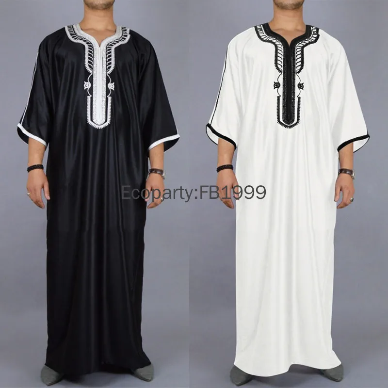 New Men's Moroccan Style Muslim Long Robe Summer Black White Elegant Embroidery Arab Ethnic Jubah Male Casual Islamic Clothing
