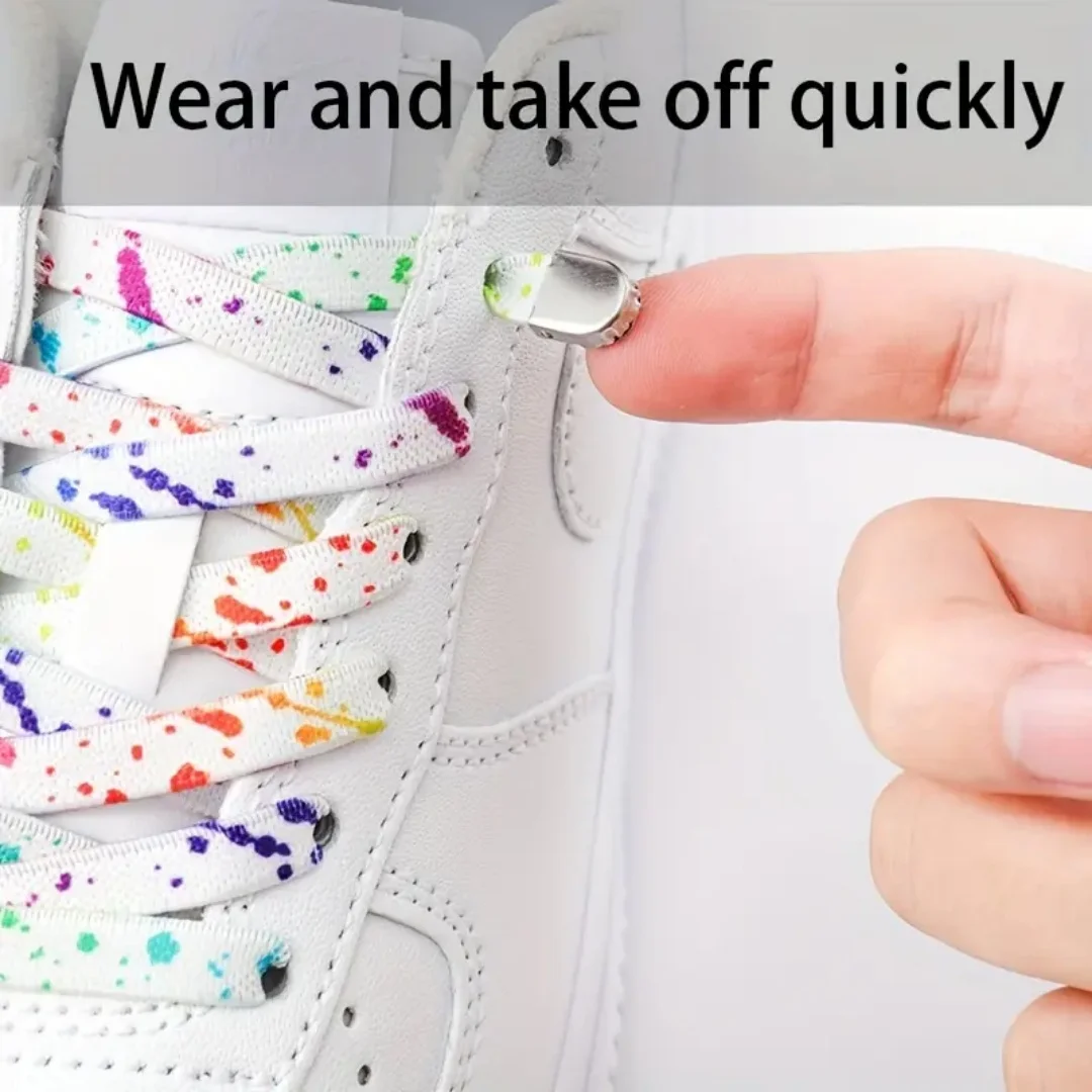 新しいスプラッシュインクプリント靴ひも、結ばない靴ひも、スニーカー用フラット弾性靴ひも、ハイキング、ランニング、アウトドアレジャー用靴ひも