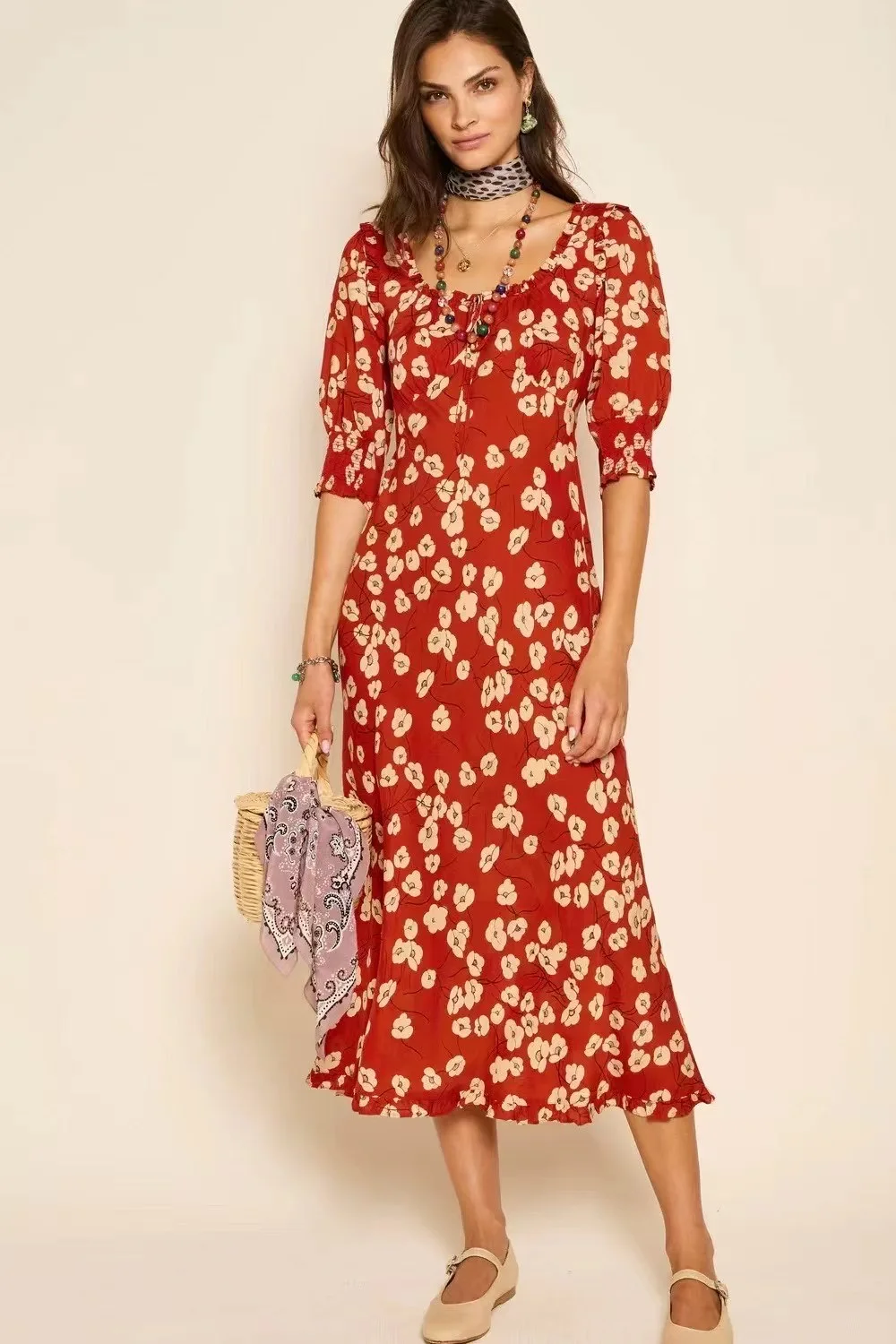 

Women Flower Printed Square Collar Red Puff Short Sleeve Long Elegant Dress