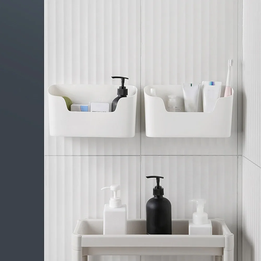 Plastic Wall Mounted Organizer Space Saving White Plastic Storage Bin Hanging Container Traceless Sticker Adhesive Mount Storage