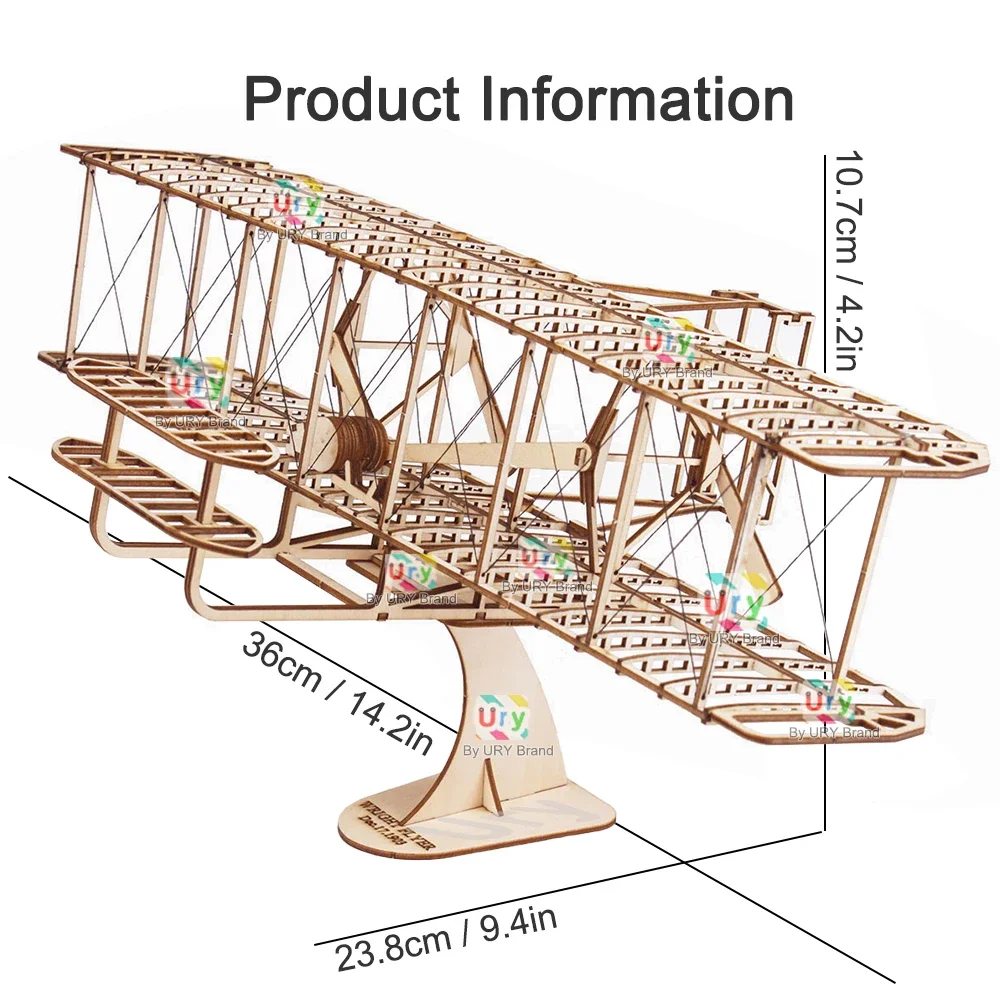 Ury 3D Wooden Puzzle Retro Biplane Glider Plane Model Kit Toys Handmade Set Home Desktop Decoration Christmas Gift for Kids