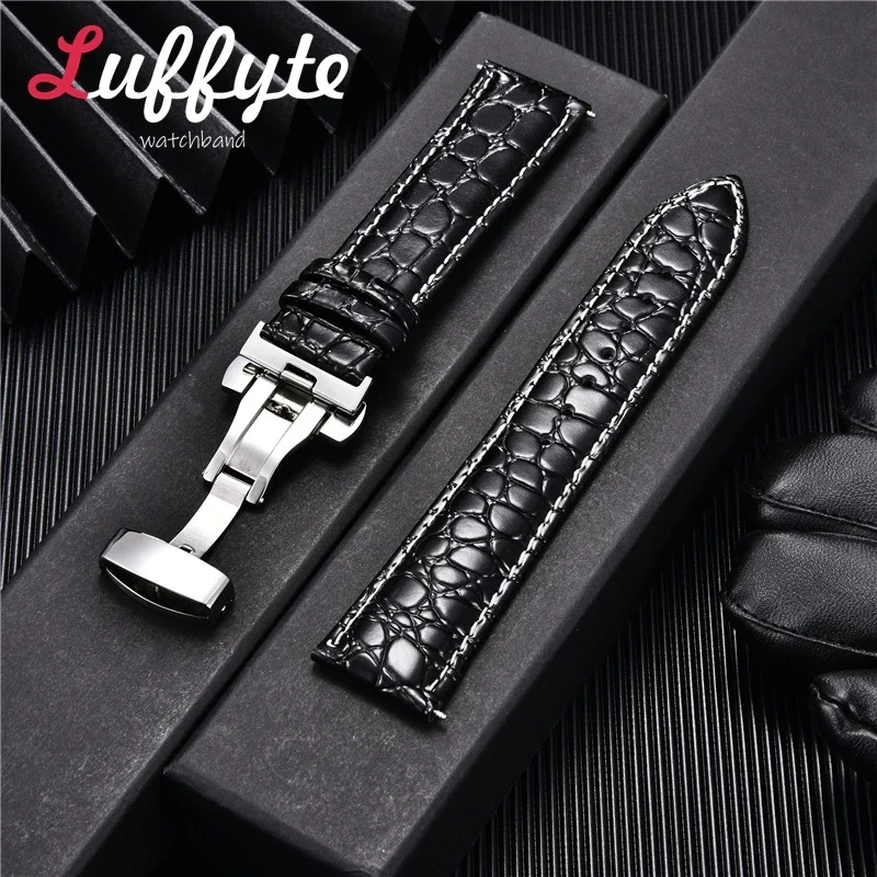 Crocodile Pattern Leather Watch Strap with Automatic Butterfly Clasp Men Leather Watch Band 18mm 20mm 22mm 24mm Straps