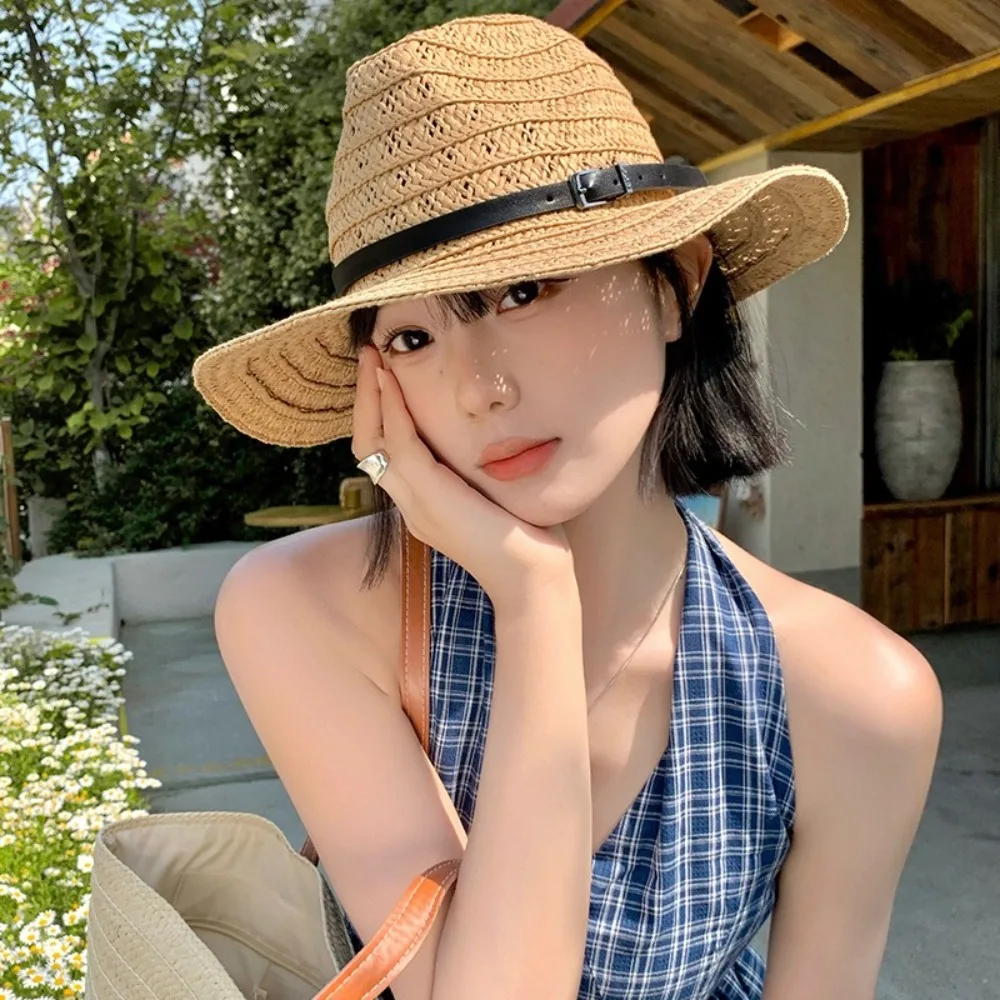 

Американская полая соломенная шляпа с полыми полями, джазовая кожаная пряжка, ковбойская шляпа в стиле вестерн с широкими полями, солнцезащитный козырек, летняя кепка