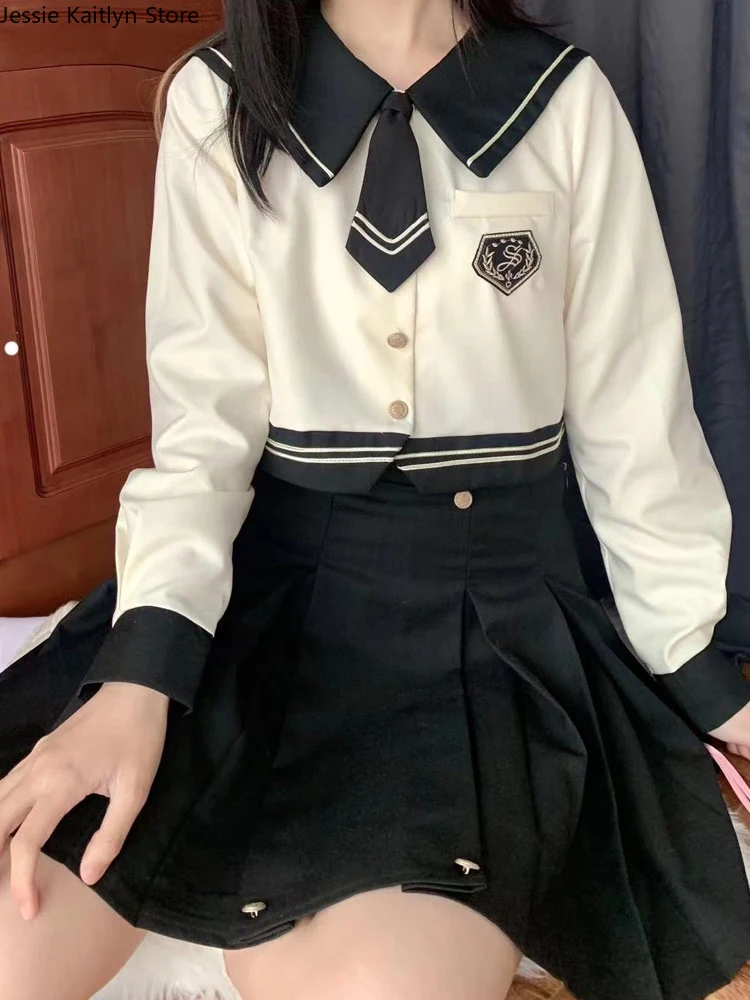 Korean Kawaii School Sailor Uniform Women Japanese Girl College Cosplay JK Uniform Autumn Long Sleeve Top and Pleated Skirt Sets