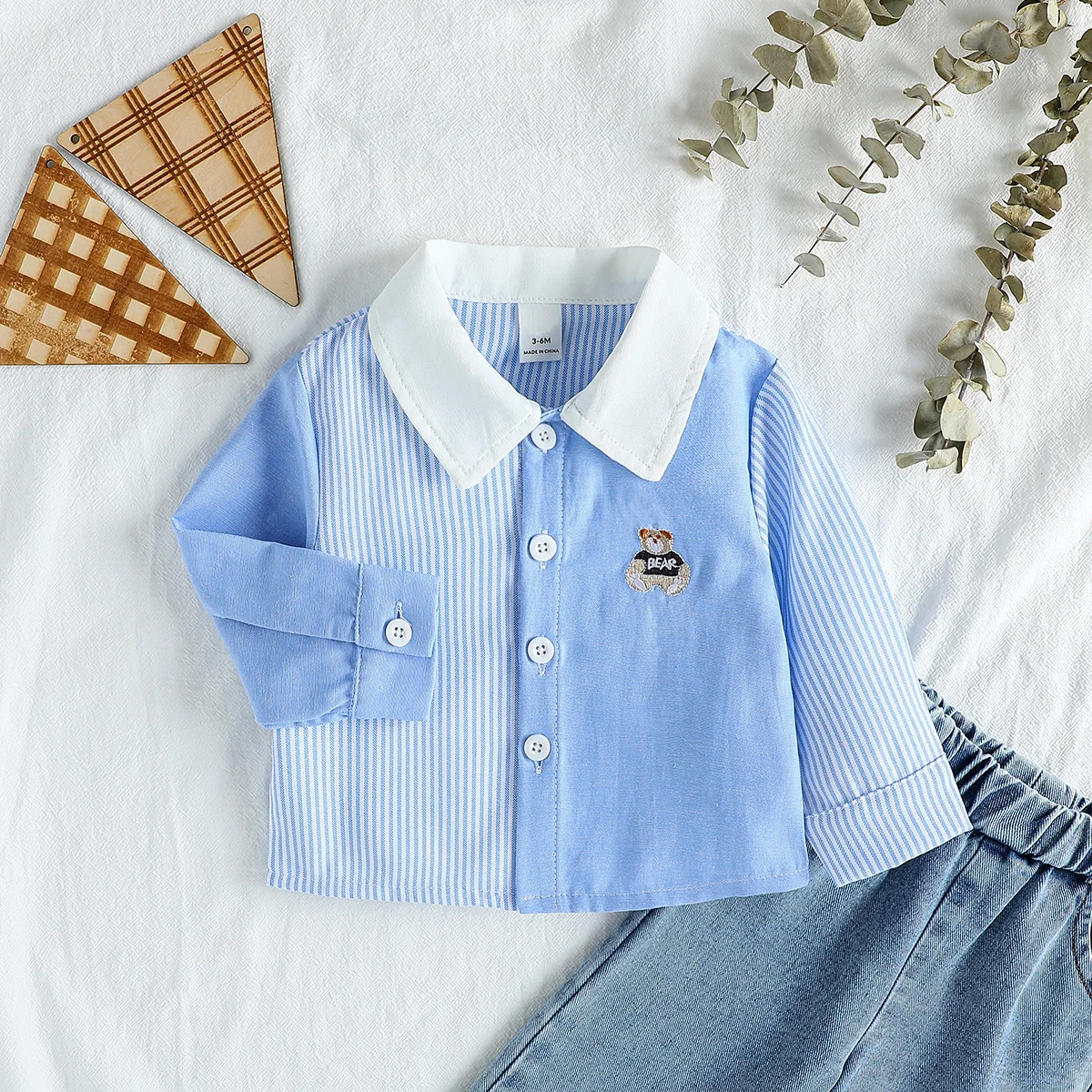 

Autumn New Style Baby Boys' Simple Long-sleeve Loose-fitting Shirt Striped Embroidered Shirt for 3M-3Y Boys Casual Shirts