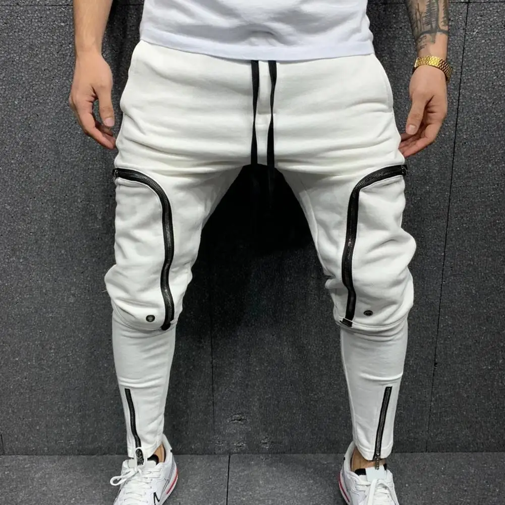 Men Pants Jogger Solid Color Drawstring Casual Multi Zippers Pockets Trousers Casual Sporty Sweatpants Elastic Waist Pants