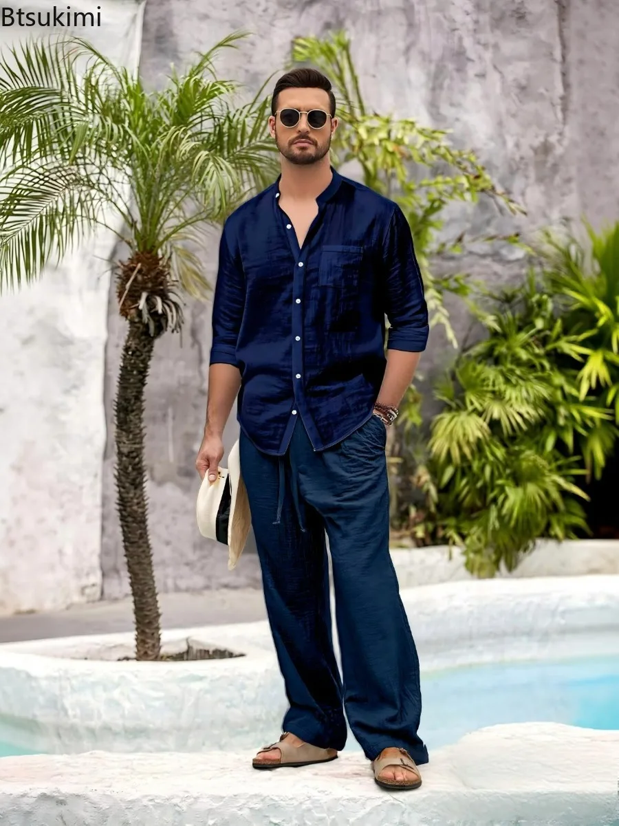 New Men's Casual Cotton Linen 2PCS Sets Stand Collar Shirt Modern Pocket Linen Pants 2-Piece Outfits Spring Casual Loose Fit Set view 6