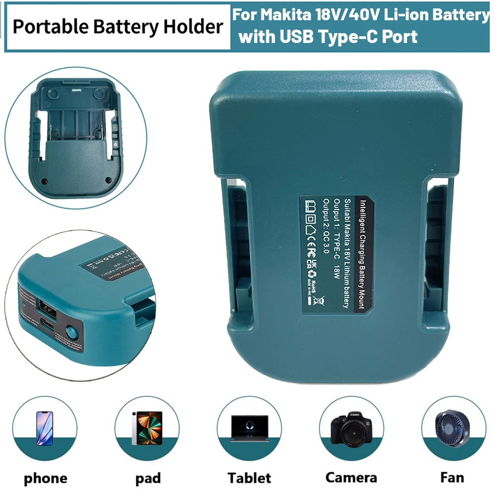 

Fast Charger Rack for Makita 18V/40V Li-ion Battery With USB Type-C port Belt Buckle Portable Charger Adapter
