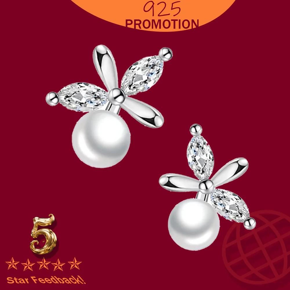 

Solid 925 Sterling Silver Woman's Gift Jewelry New Trendy Crystal Cross Pearl Stud Earrings