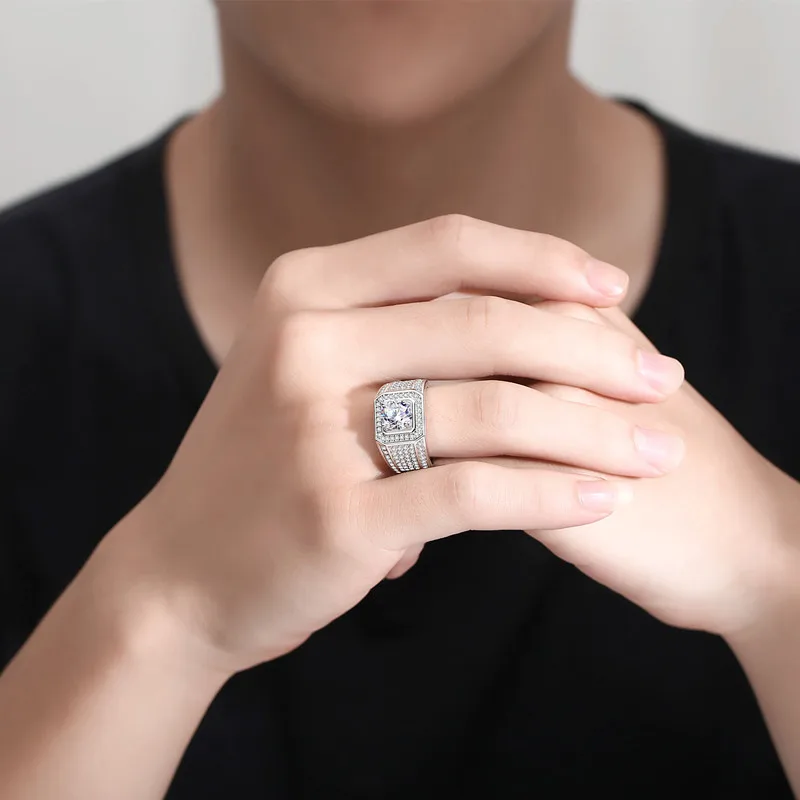 Honeycomb Starry Sky Ring Men's 2CT Moissanite PT950 Platinum-Dazzling 2CT center stone, honeycomb texture,men's exclusive style