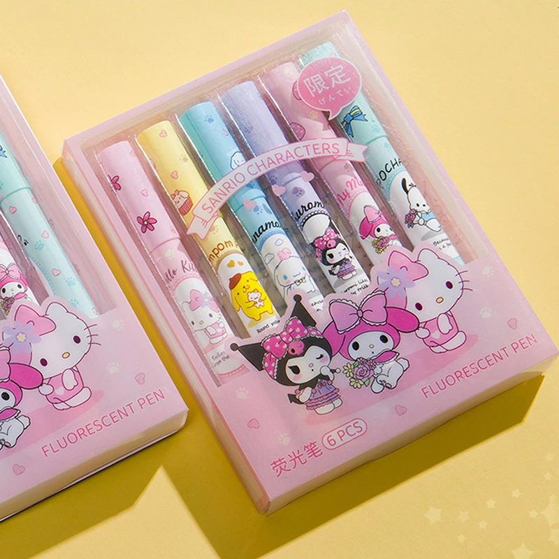 Cute Sanrio Highlighter 6 Boxed High-value Color Pen Multi-functional Kulomi Girl Heart Highlighter