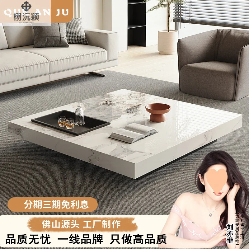 طاولة قهوة إيطالية بسيطة وخفيفة وفاخرة وحديثة وبسيطة من ألواح الصخور وغرفة المعيشة بحجم المنزل وتصميم شقة مربعة #3