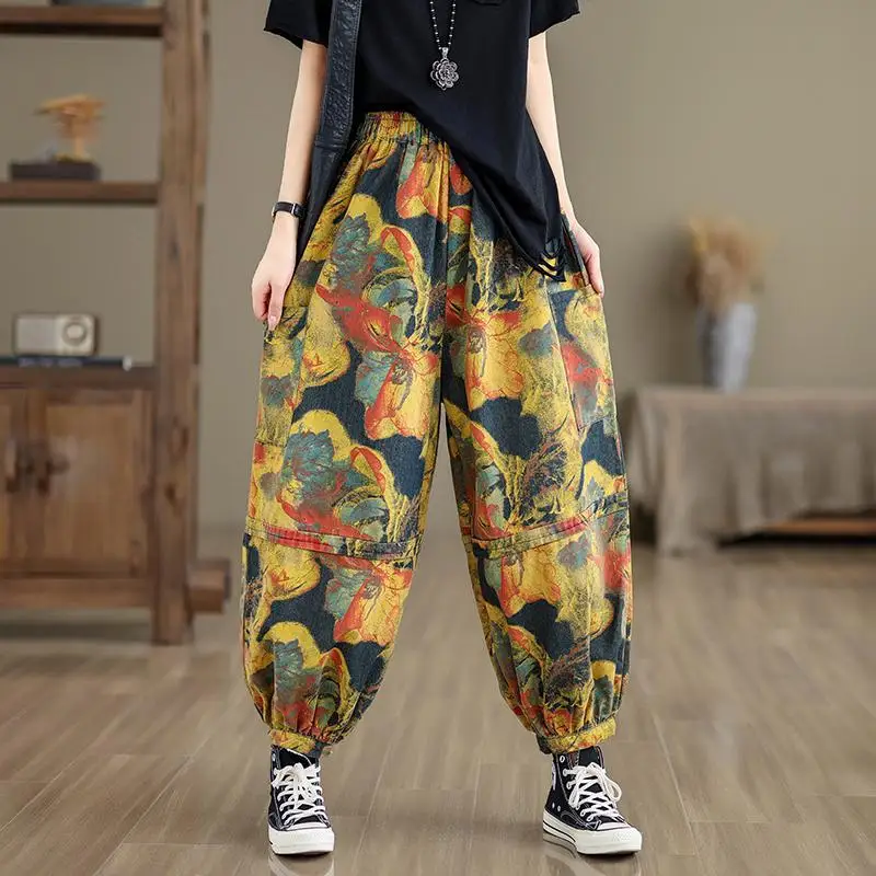 

Spring Summer New Arts Style Women Elastic Waist Casual Cotton Denim Harem Pants Side Double Pockets Vintage Print Loose Jeans