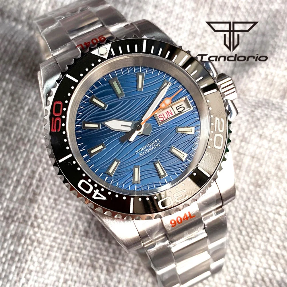 Tandorio 24 Jewels NH36A Blue Sterile Dial Week Date Display 40mm Automatic Wristwatch for Men Sapphire Glass Rotating Bezel