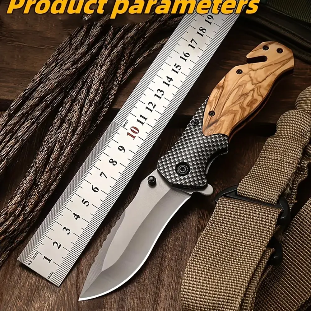 Cuchillo plegable para acampar, cuchillo táctico para exteriores, cuchillo de acero inoxidable de alta dureza, cuchillo con mango de madera, plegable multiusos portátil