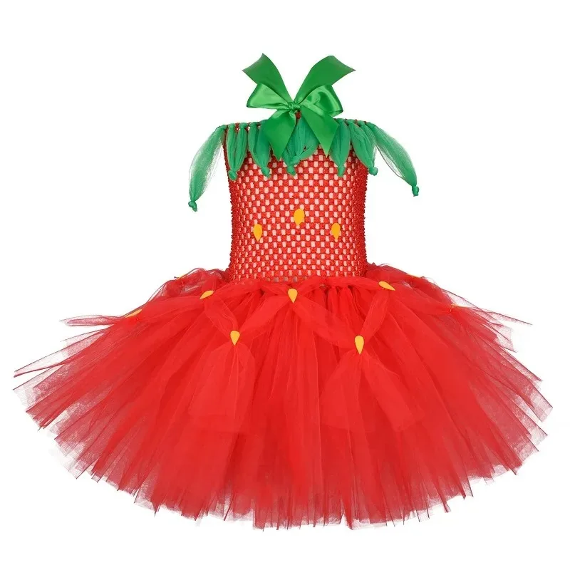 Cute Strawberry Print Multi-layer Fluffy Tulle Tutu Dress for Girls, Soft & Breathable Princess Dress, Kids Outfit for Parties