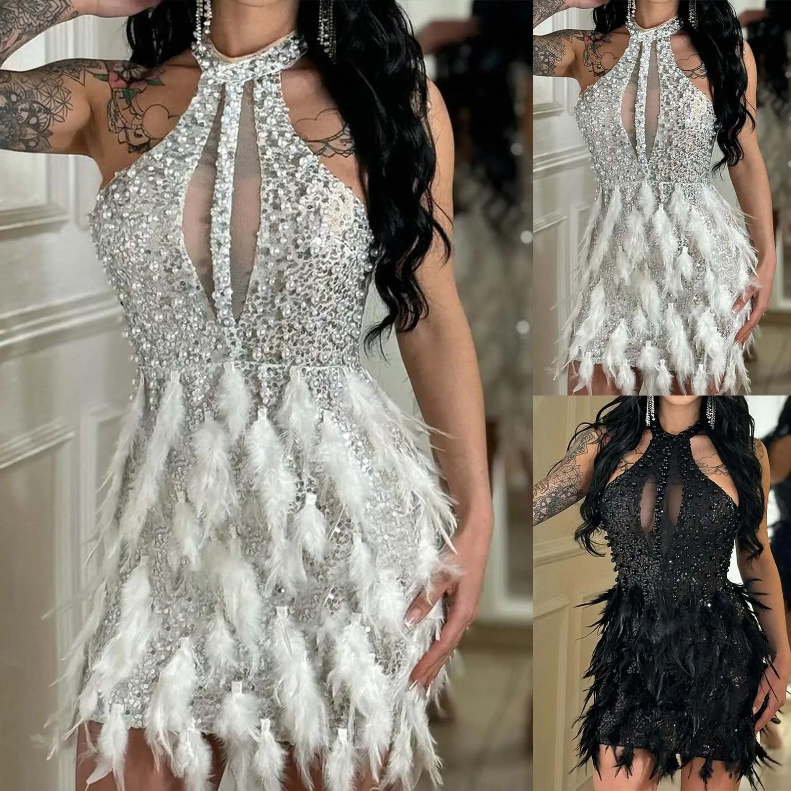 Minivestido ajustado de malla con cuello redondo para mujer, sin mangas, con plumas y lentejuelas, Sexy, para fiesta de noche y vacaciones, 2024