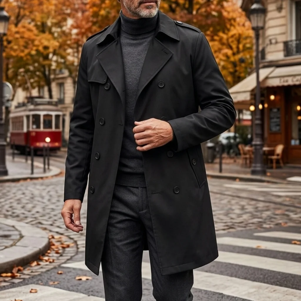 Autumn Men's Windbreaker Thin Double-breasted Jacket with Epaulettes Outdoor Travel Windbreaker Medium Length Men's Thin Coat